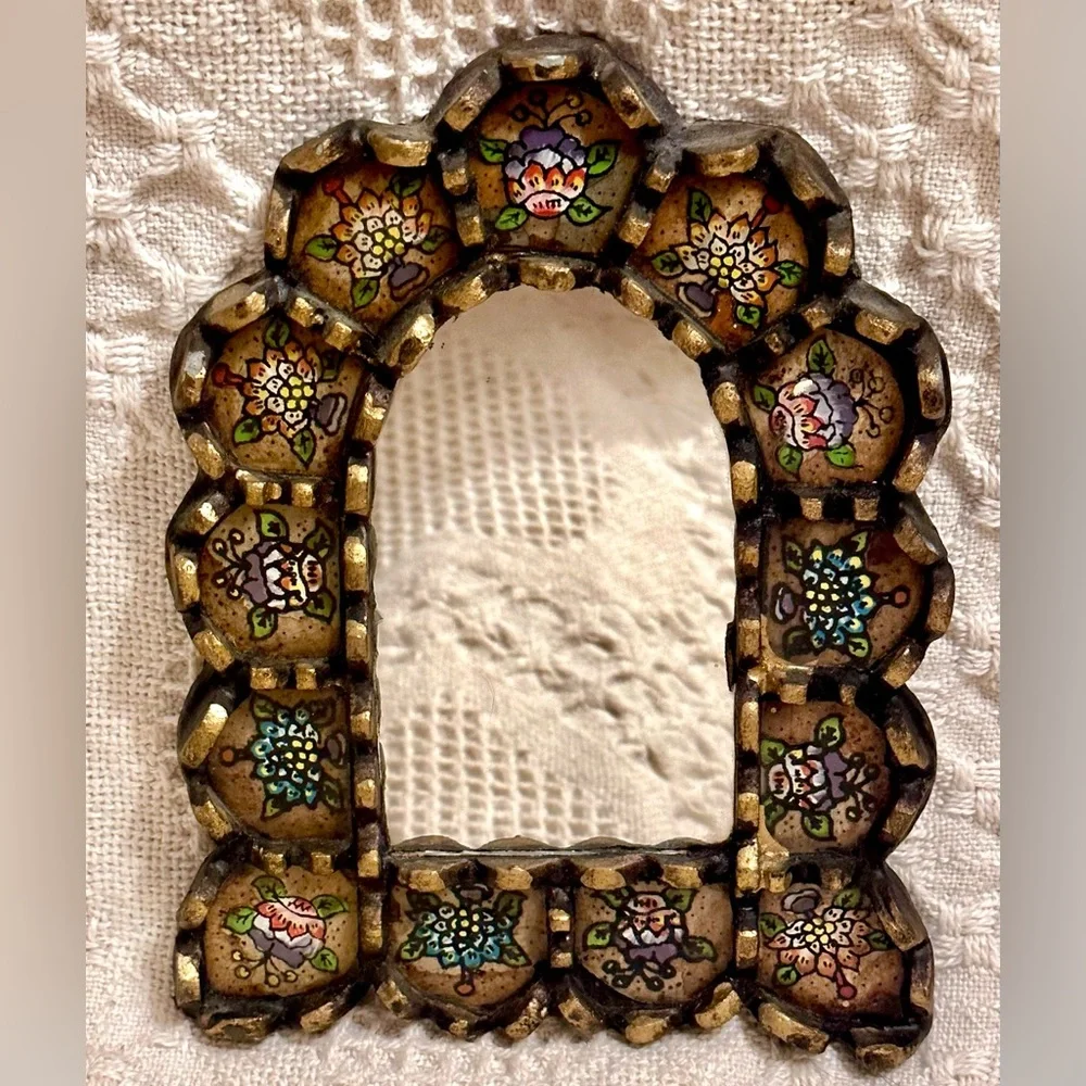 Handcrafted Floral Motifs Painted Glass Wood Arch Wall Mirror Black Bronze Leaf